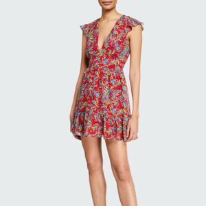 SALONI Pia Printed Silk Georgette Dress V-Neck Flounce Short Dress Size 2